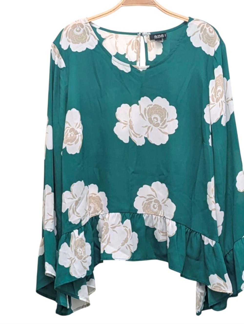 ANA floral teal bell Long sleeve flowy blouse 1X